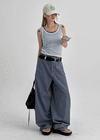 Elle Stripe Carpenter Back Banding Balloon Denim Pants