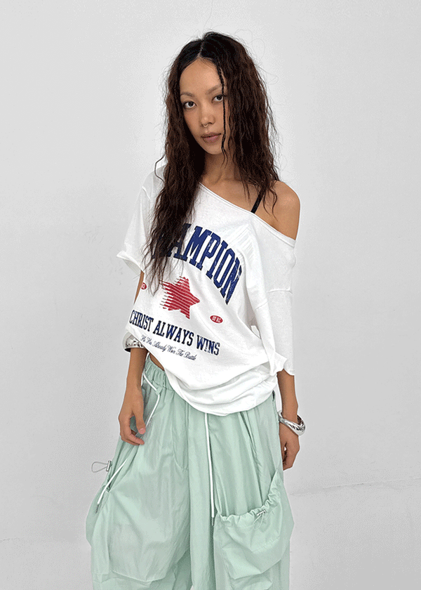 Pzen Printed Off-shoulder Short-sleeve Tee