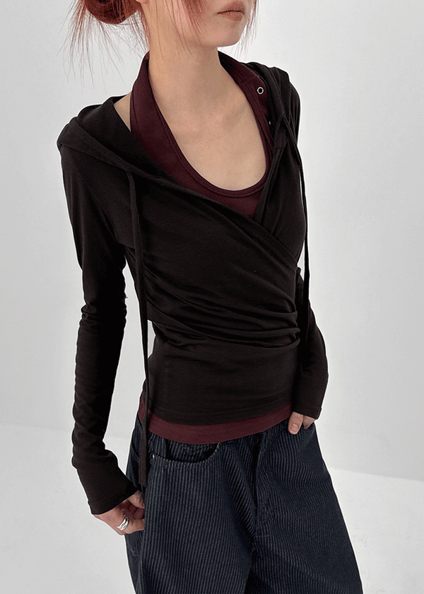 Rekira Hooded Wrap Long Sleeve T-shirt