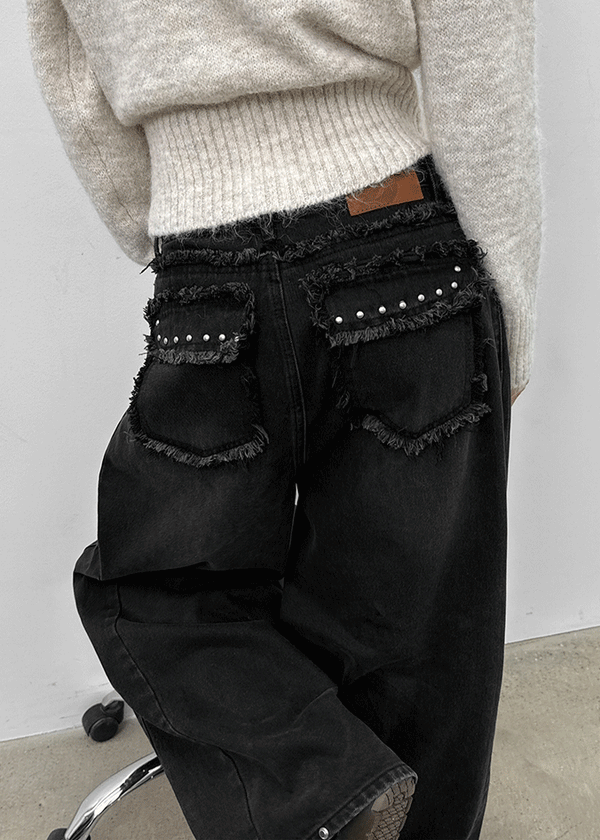 Nyont Fringe Snap Folding Wide Denim Pants