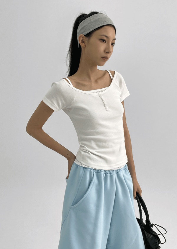 Belten Henley Neck Button Deep U-neck Short Sleeve T-shirt