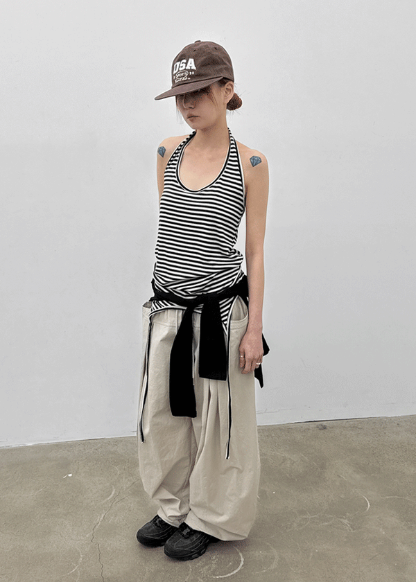 Twos-two Striped Strap Halter Long Sleeveless