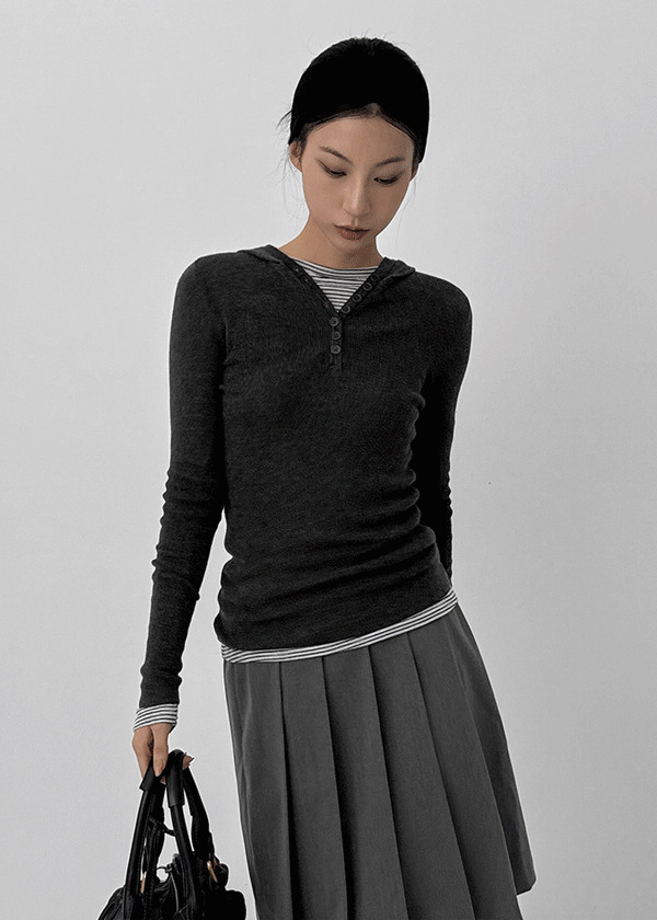 Liene Button Ribbed Hooded Knit