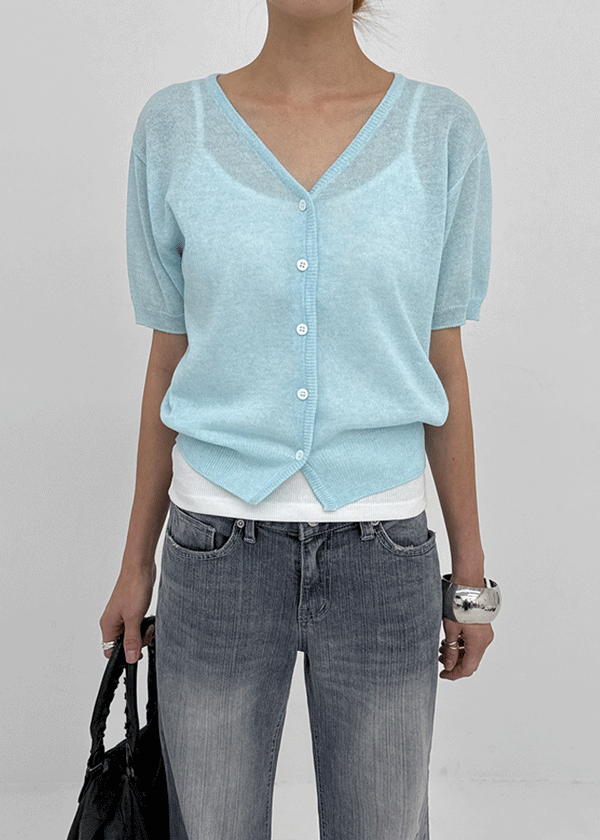 Polyp Linen V-neck Short Sleeve Knit Cardigan