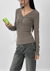 Baol V-neck Button Hooded Long-sleeved T-shirt