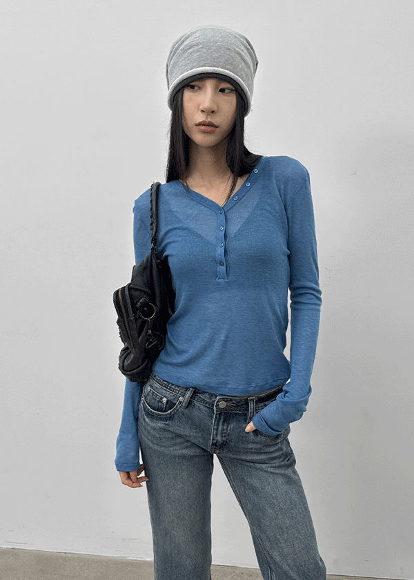 Kunbet Wool Button V-neck Long Sleeve T-shirt