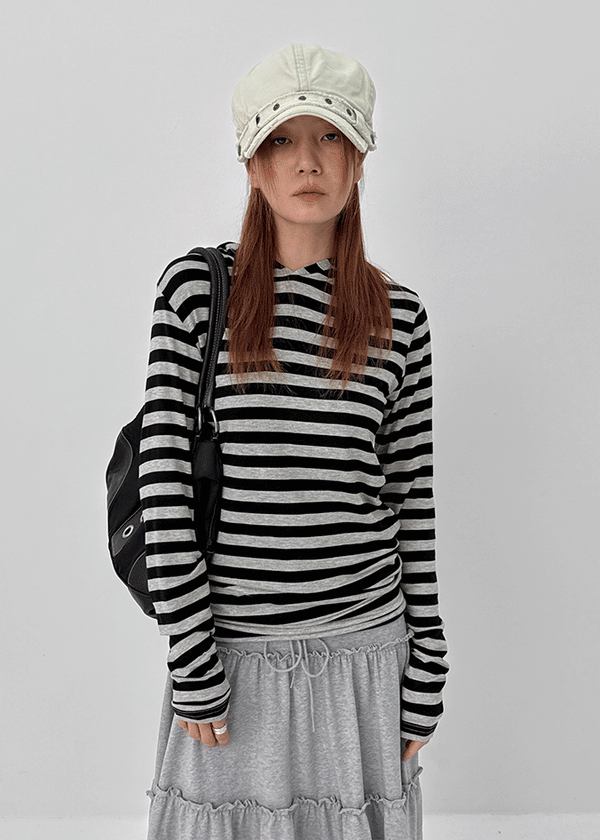 Diyan Stripe Long Hooded Long Sleeve T-shirt