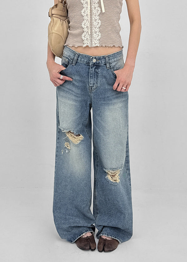 Foamco Damaged Low-waisted Straight Denim Pants