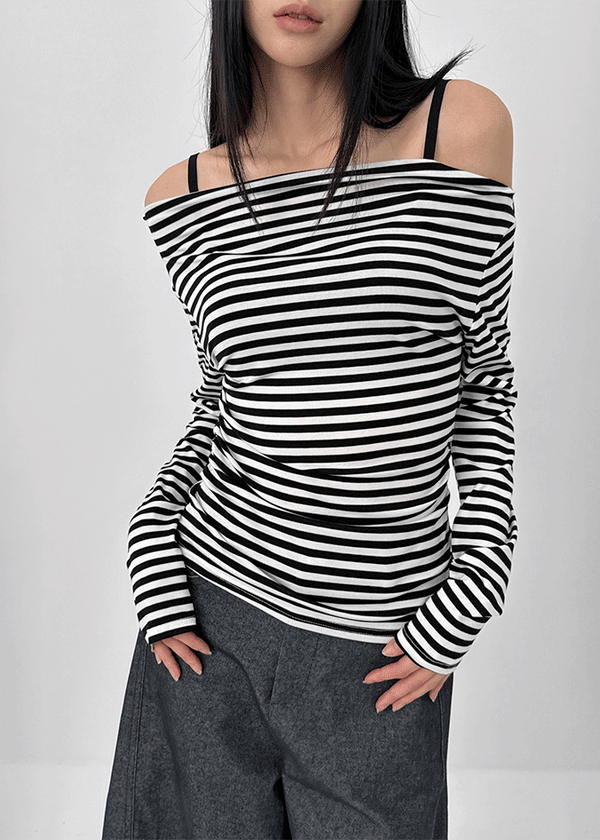 Robtot Stripe Shirring Boat Neck Long Sleeve T-shirt