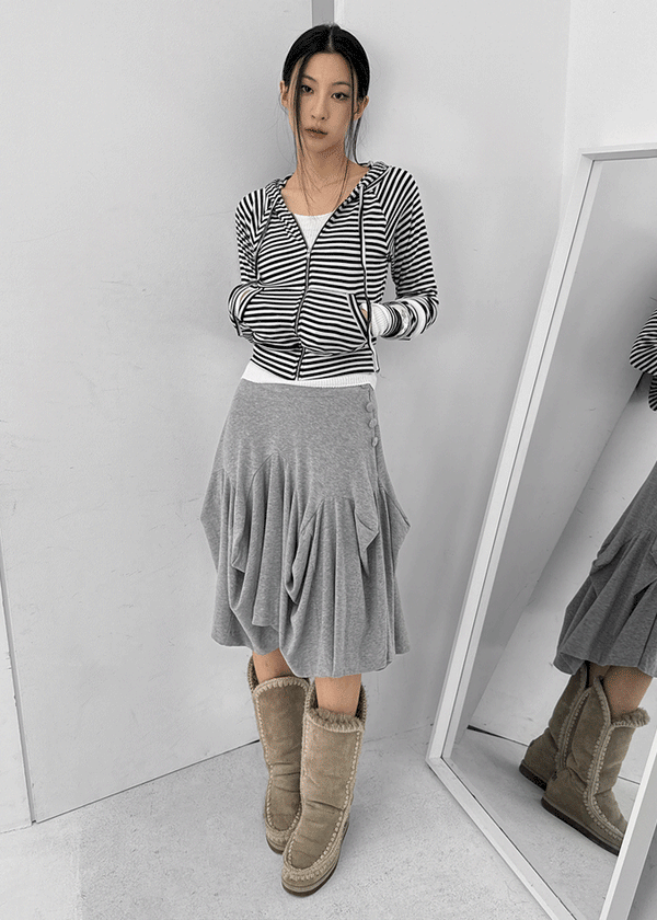 Sisi Button Unbalanced Draping Midi Skirt