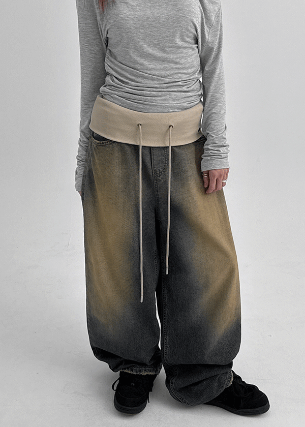 Tumble Washed Folding Wide Denim Pants