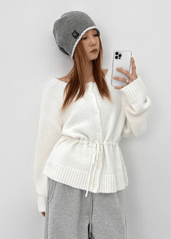 Hushing Strap Boat Neck Wool Knit Cardigan