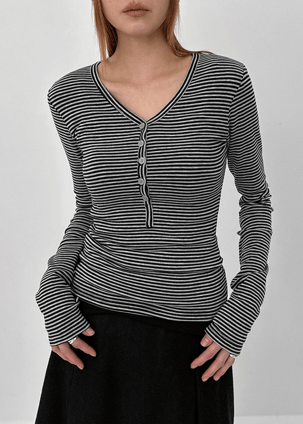 Defro Stripe Button V-Neck Long Sleeve T-Shirt