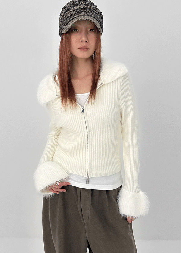 Dencel Fur Collar Knit Zip-Up