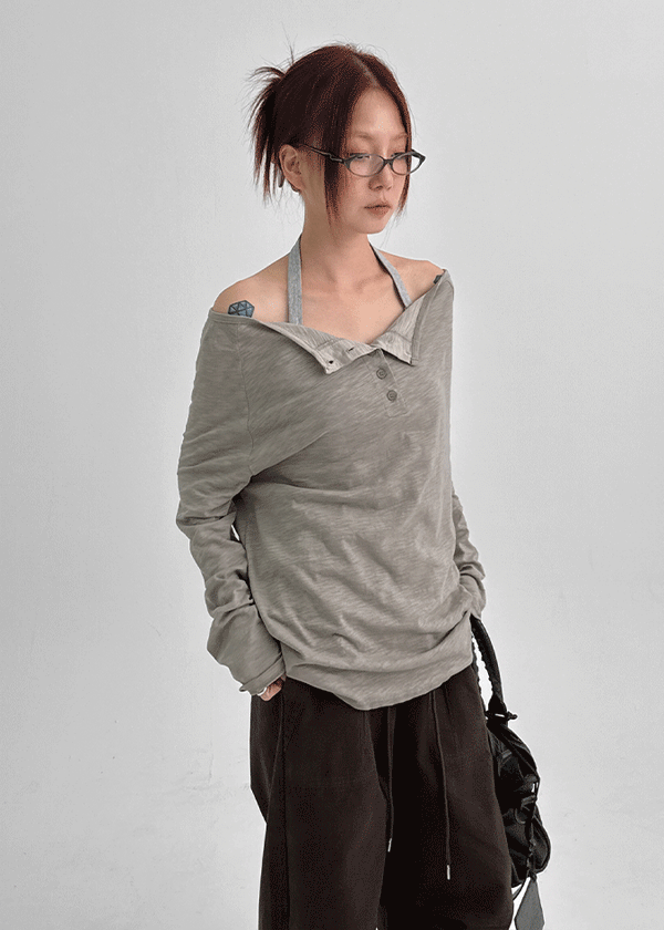 Chestnut Henley Neck Unbalanced Off-Shoulder Long Sleeve T-Shirt