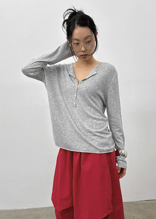 Lambdo Loose Fit Henley Neck Knit Long Sleeve T-shirt