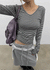 Fuzz Stripe Button V-neck Long Sleeve Tee
