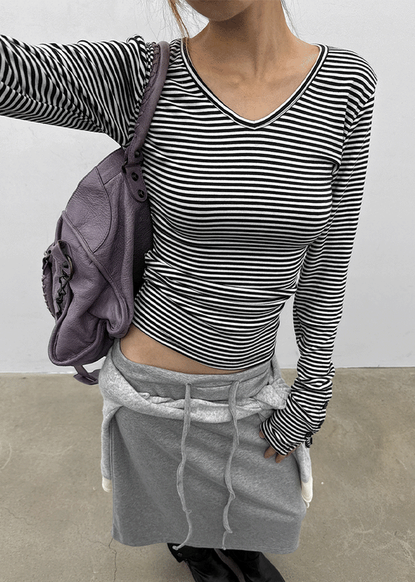 Fuzz Stripe Button V-neck Long Sleeve Tee