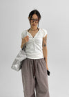 Contemporary V-neck Shirring Short-sleeved T-shirt