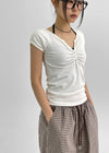 Contemporary V-neck Shirring Short-sleeved T-shirt