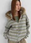 Combing Stripe Fleece Fur Hooded Zip-up