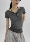 Bining Layered Stripe Halter Henley T-Shirt (S/S Ver.)