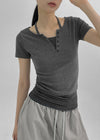 Bining Layered Stripe Halter Henley T-Shirt (S/S Ver.)