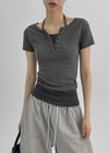 Bining Layered Stripe Halter Henley T-Shirt (S/S Ver.)