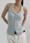 Ollatin Button Backless Halter Sleeveless Top (Built-in Cap)