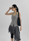 Ollatin Button Backless Halter Sleeveless Top (Built-in Cap)
