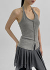 Ollatin Button Backless Halter Sleeveless Top (Built-in Cap)