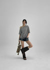 Doomit Shirring Loose Fit Off-Shoulder Short Sleeve Tee