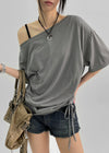 Doomit Shirring Loose Fit Off-Shoulder Short Sleeve Tee