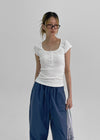 Elu Square Neck Button Short Sleeve Tee