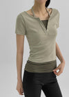 Bining Layered Stripe Halter Henley T-Shirt (S/S Ver.)