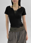 Bining Layered Stripe Halter Henley T-Shirt (S/S Ver.)