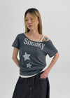 Berton Printing Off-shoulder Short Sleeve T-shirt