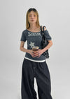 Berton Printing Off-shoulder Short Sleeve T-shirt
