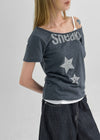 Berton Printing Off-shoulder Short Sleeve T-shirt