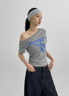 Ranno Printed Asymmetric Off-Shoulder Short Sleeve Tee