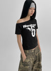 Ranno Printed Asymmetric Off-Shoulder Short Sleeve Tee