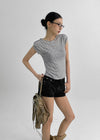 Ruttin Stripe Henley Neck Roll-Up Short Sleeve Tee