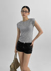 Ruttin Stripe Henley Neck Roll-Up Short Sleeve Tee