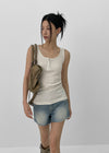 Rollpo Henley Neck Ribbed Sleeveless Top