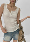 Rollpo Henley Neck Ribbed Sleeveless Top