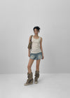 Rollpo Henley Neck Ribbed Sleeveless Top