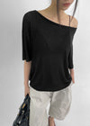 La Blue Linen Off Shoulder Short Sleeve T-shirt