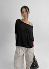 La Blue Linen Off Shoulder Short Sleeve T-shirt