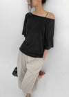 La Blue Linen Off Shoulder Short Sleeve T-shirt