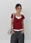 Pebel Square Neck Shirring Frill Short Sleeve T-shirt